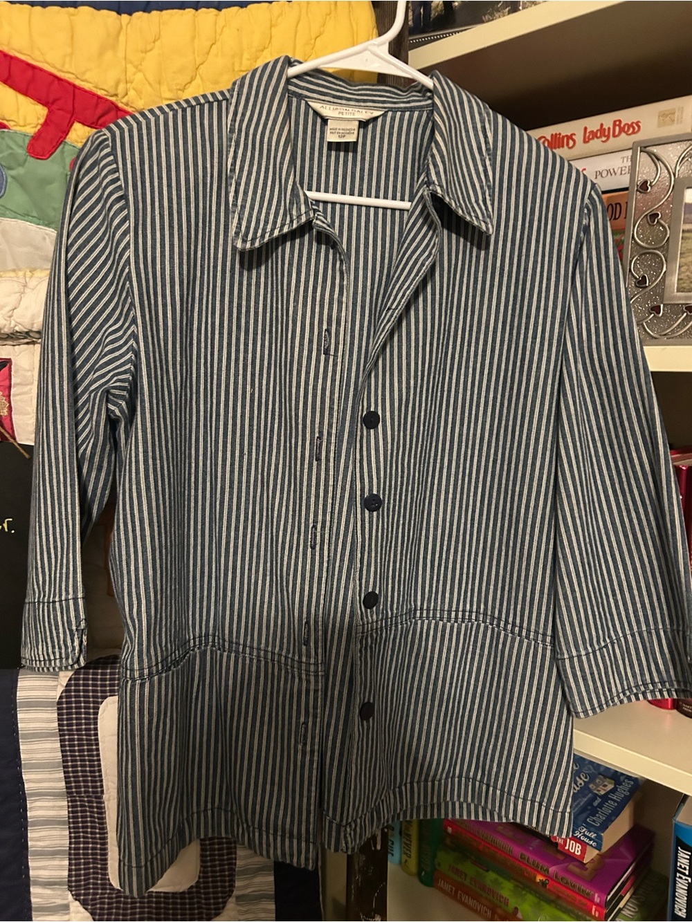Allison Daley Navy and White Striped Button Shirt Jacket